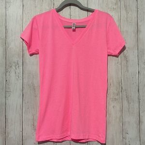 enza V Neck T Shirt Neon‎ Pink Casual Basic Top Women's Small